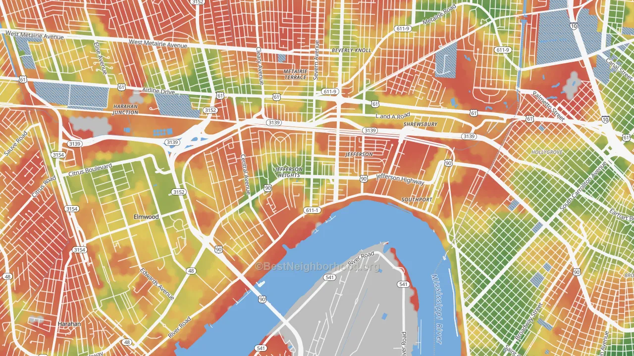 Walk Grade map of Jefferson, LA, walkable areas in green and car-dependent areas in red
