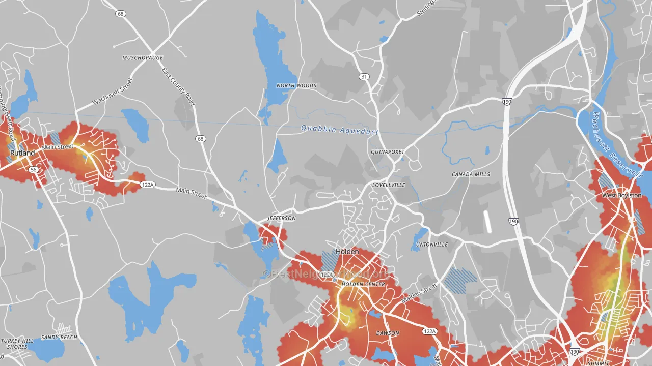 Walk Grade map of Jefferson, MA, walkable areas in green and car-dependent areas in red
