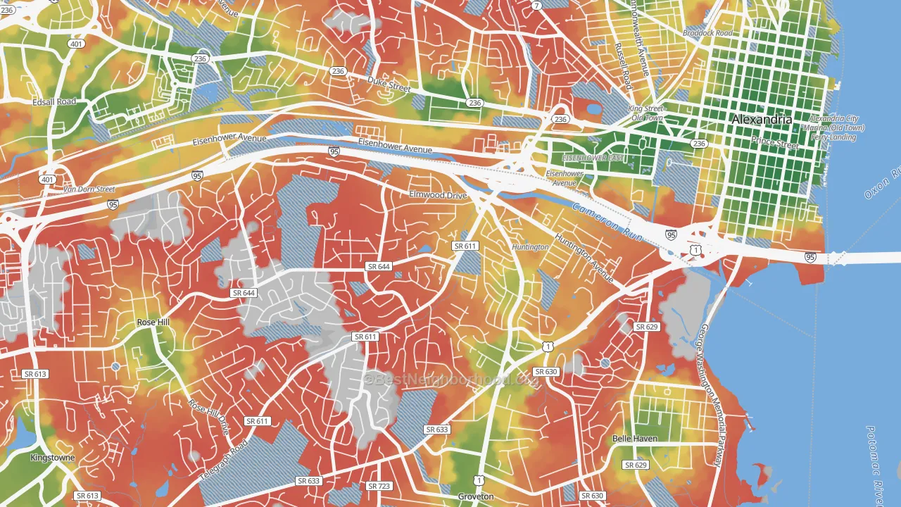 Walk Grade map of Jefferson Manor, VA, walkable areas in green and car-dependent areas in red