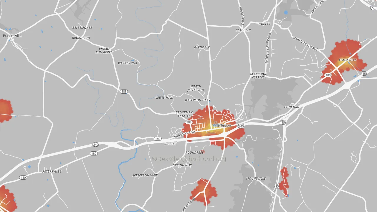 Walk Grade map of Jefferson, MD, walkable areas in green and car-dependent areas in red