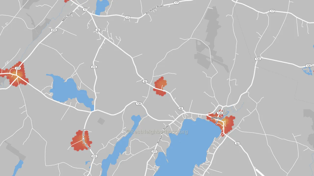 Walk Grade map of Jefferson, ME, walkable areas in green and car-dependent areas in red