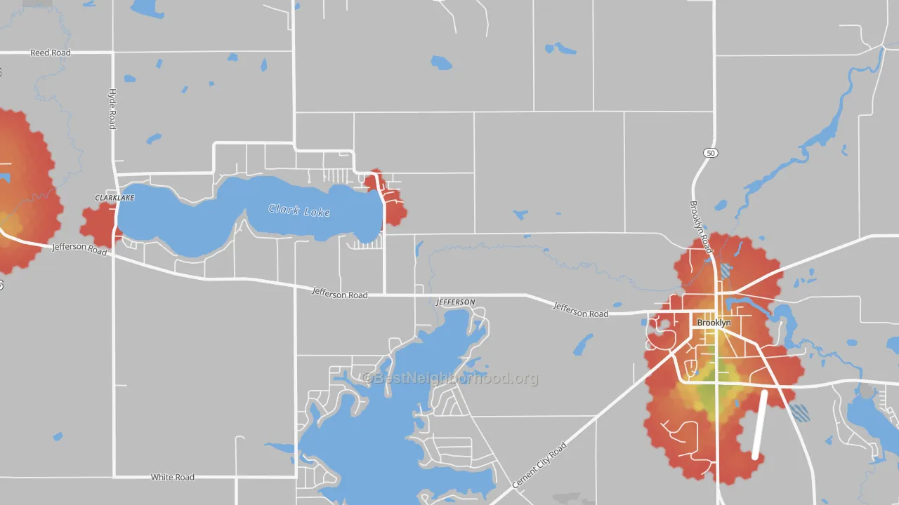 Walk Grade map of Jefferson, MI, walkable areas in green and car-dependent areas in red