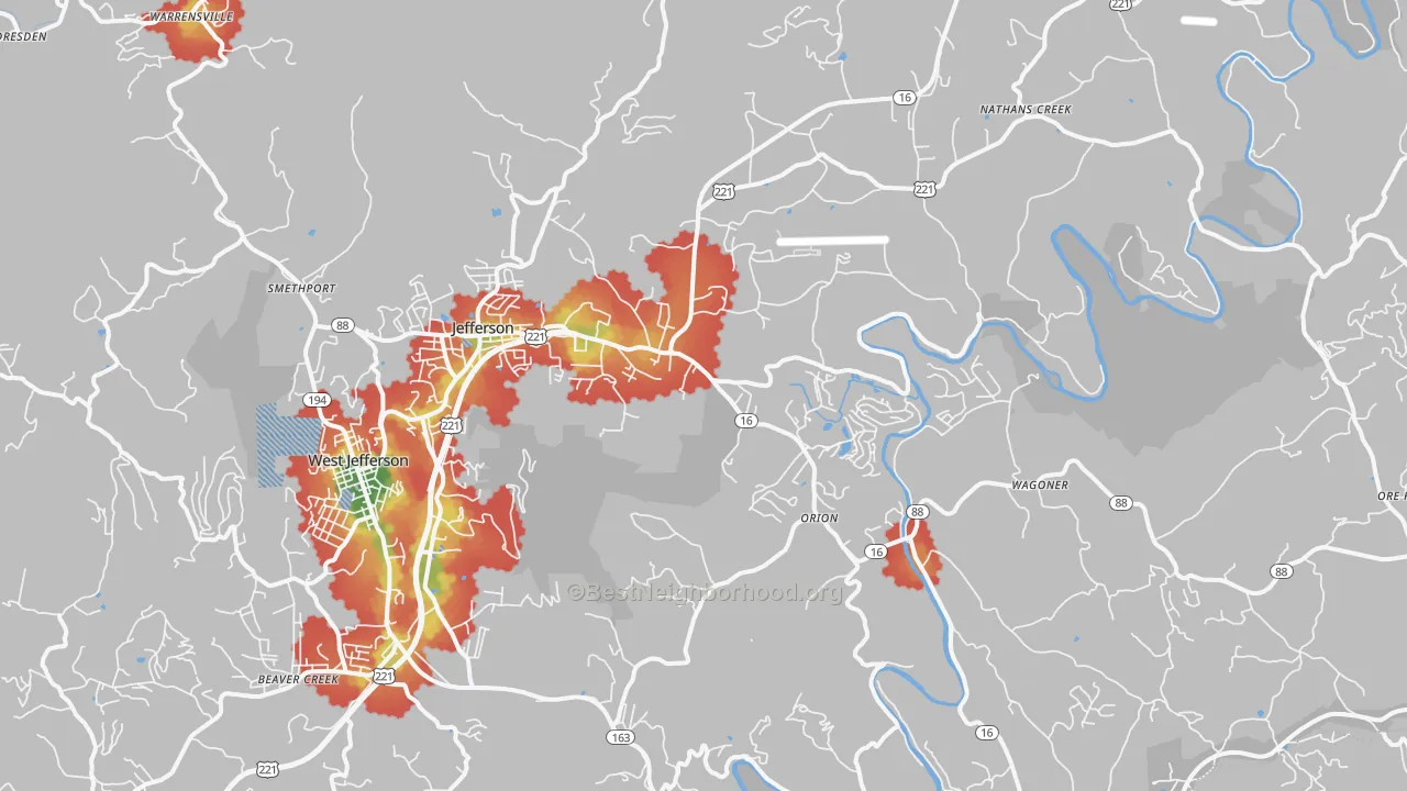 Walk Grade map of Jefferson, NC, walkable areas in green and car-dependent areas in red