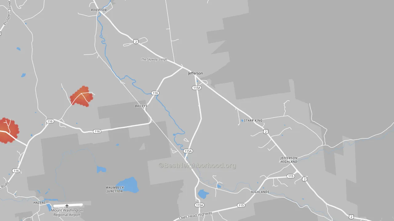 Walk Grade map of Jefferson, NH, walkable areas in green and car-dependent areas in red
