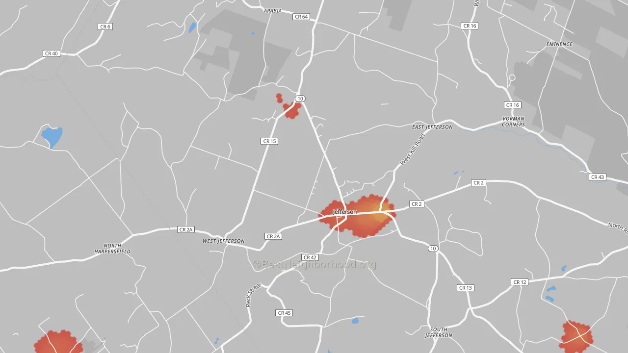 Walk Grade map of Jefferson, NY, walkable areas in green and car-dependent areas in red