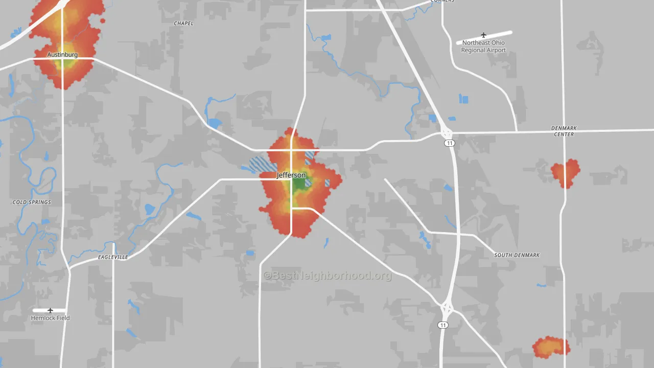 Walk Grade map of Jefferson, OH, walkable areas in green and car-dependent areas in red