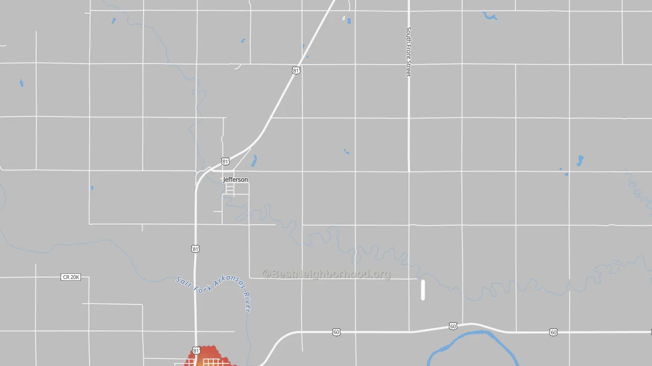 Walk Grade map of Jefferson, OK, walkable areas in green and car-dependent areas in red