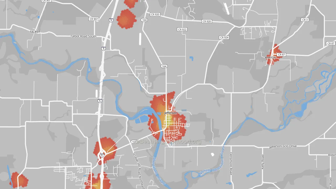 Walk Grade map of Jefferson, OR, walkable areas in green and car-dependent areas in red