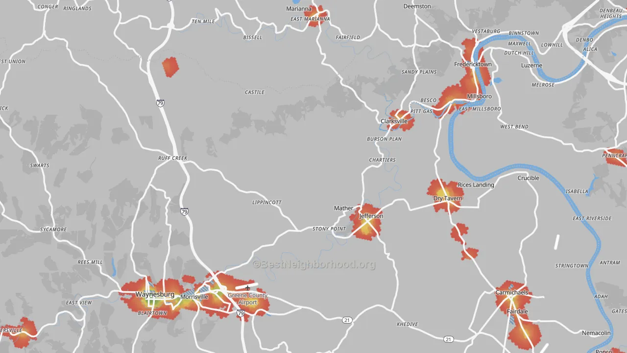 Walk Grade map of Jefferson, PA, walkable areas in green and car-dependent areas in red