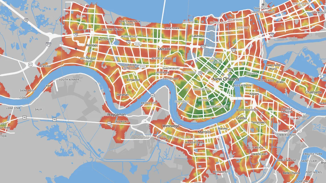 Walk Grade map of Jefferson Parish, LA, walkable areas in green and car-dependent areas in red
