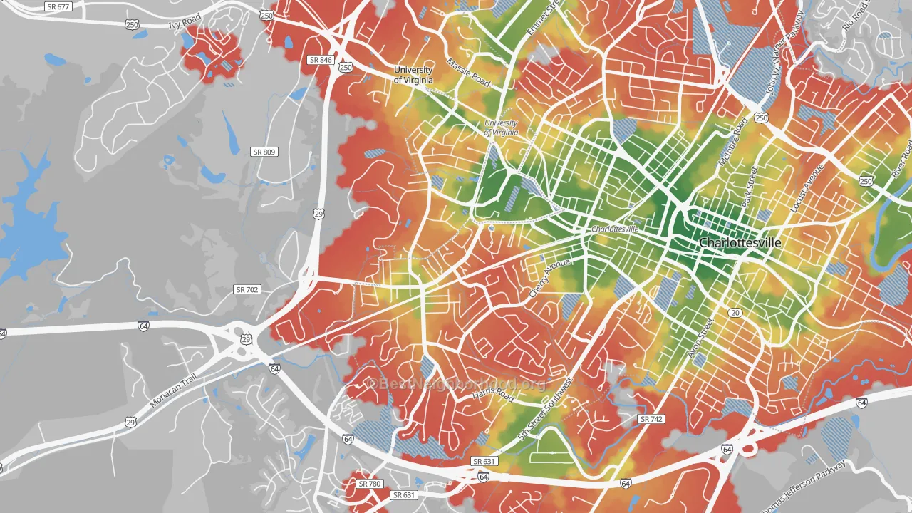 Walk Grade map of Jefferson Park, Charlottesville, VA, walkable areas in green and car-dependent areas in red