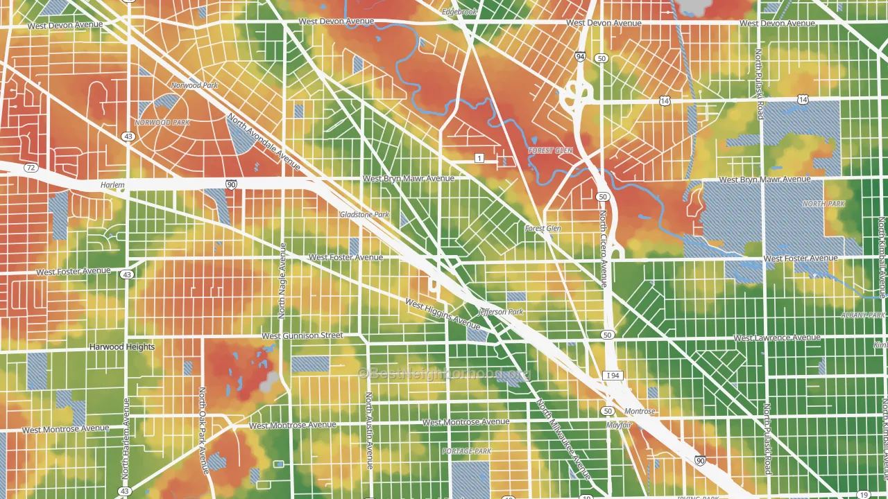 Walk Grade map of Jefferson Park, Chicago, IL, walkable areas in green and car-dependent areas in red