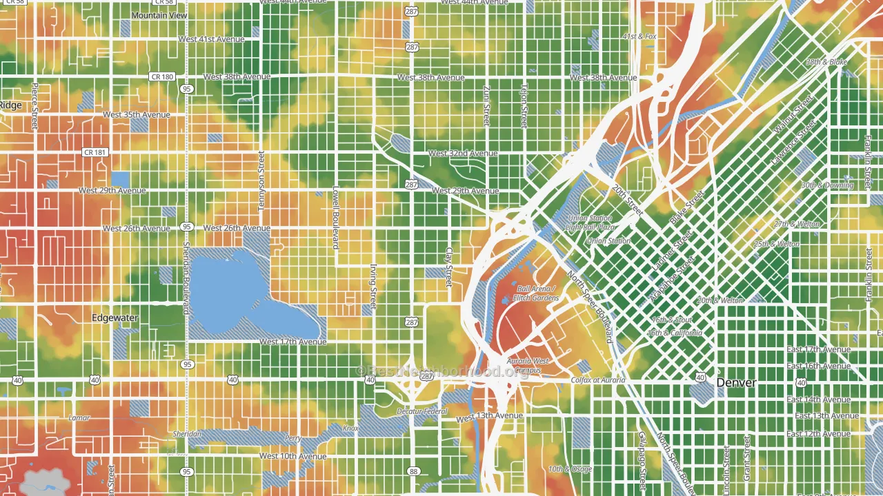 Walk Grade map of Jefferson Park, Denver, CO, walkable areas in green and car-dependent areas in red