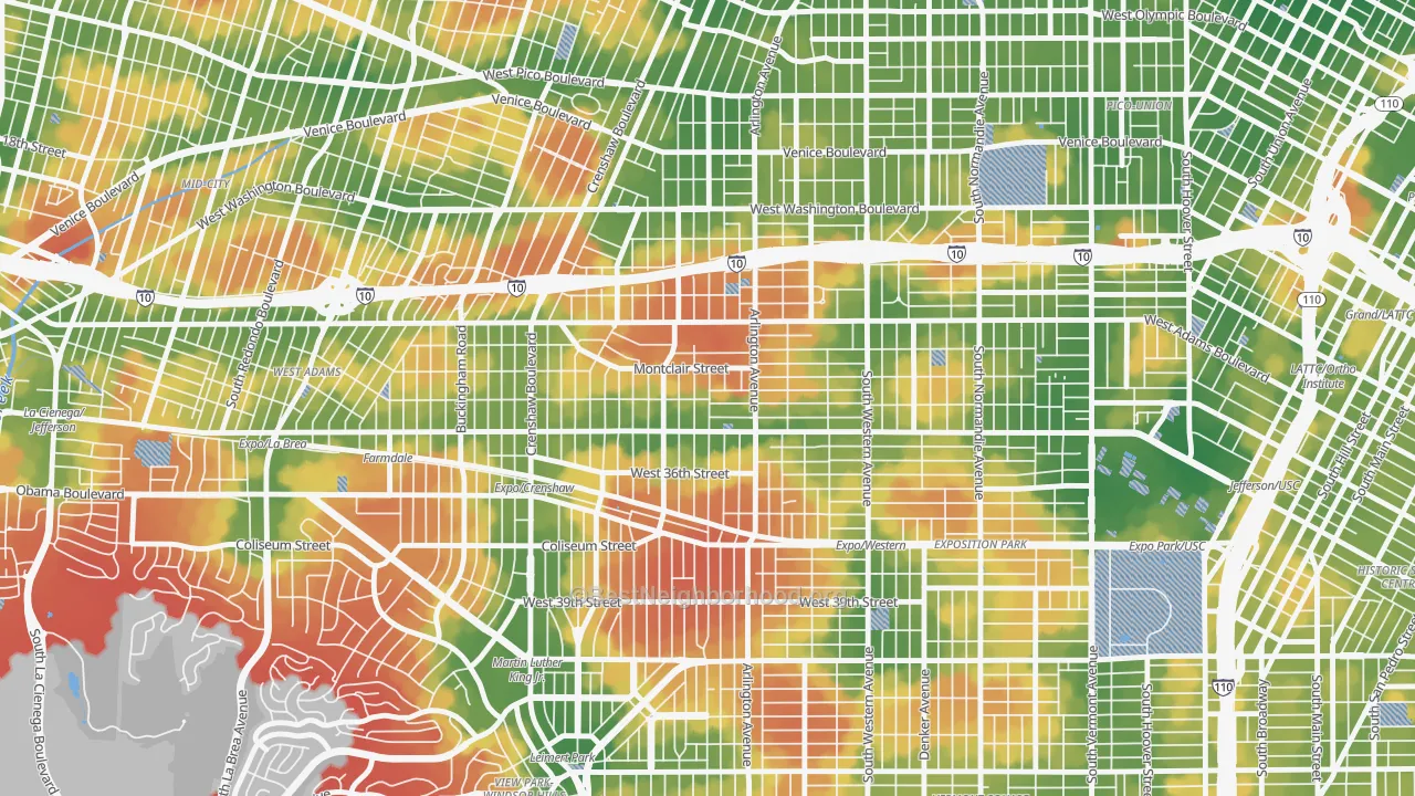 Walk Grade map of Jefferson Park, Los Angeles, CA, walkable areas in green and car-dependent areas in red