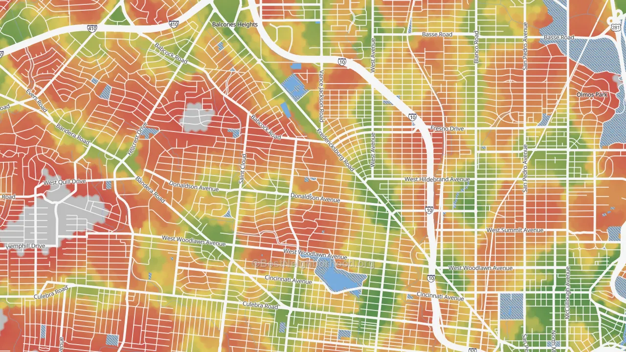 Walk Grade map of Jefferson, San Antonio, TX, walkable areas in green and car-dependent areas in red