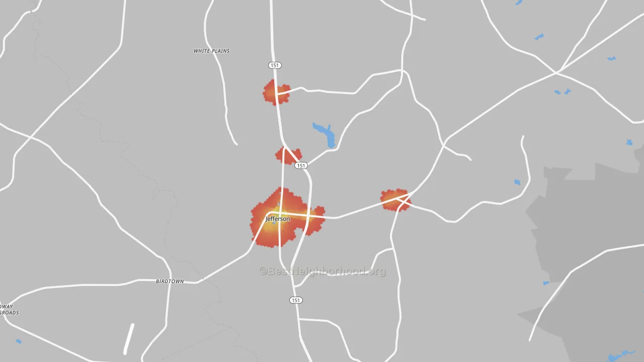 Walk Grade map of Jefferson, SC, walkable areas in green and car-dependent areas in red