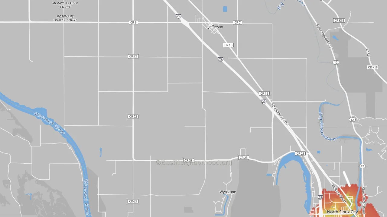Walk Grade map of Jefferson, SD, walkable areas in green and car-dependent areas in red