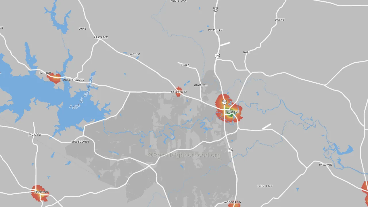 Walk Grade map of Jefferson, TX, walkable areas in green and car-dependent areas in red