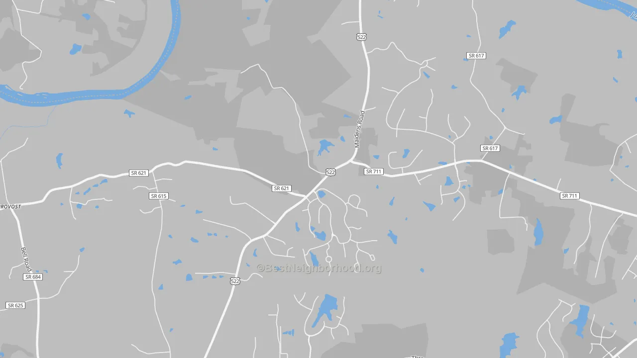 Walk Grade map of Jefferson, VA, walkable areas in green and car-dependent areas in red