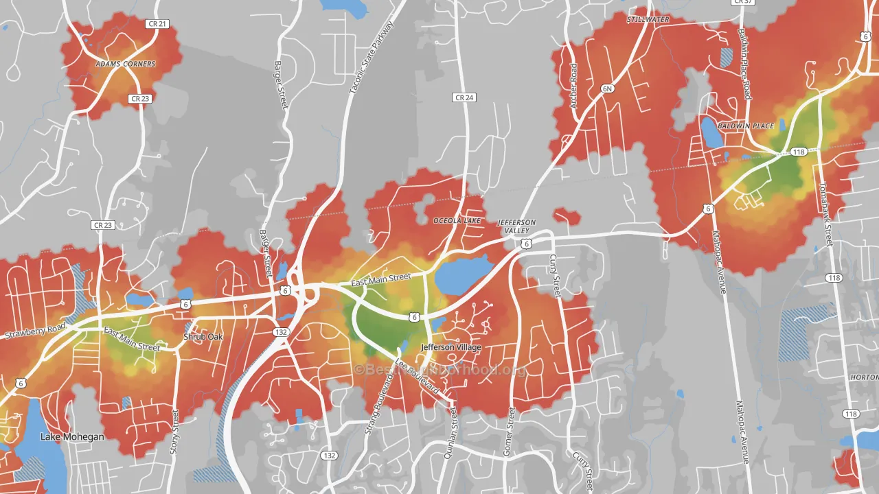 Walk Grade map of Jefferson Valley, NY, walkable areas in green and car-dependent areas in red
