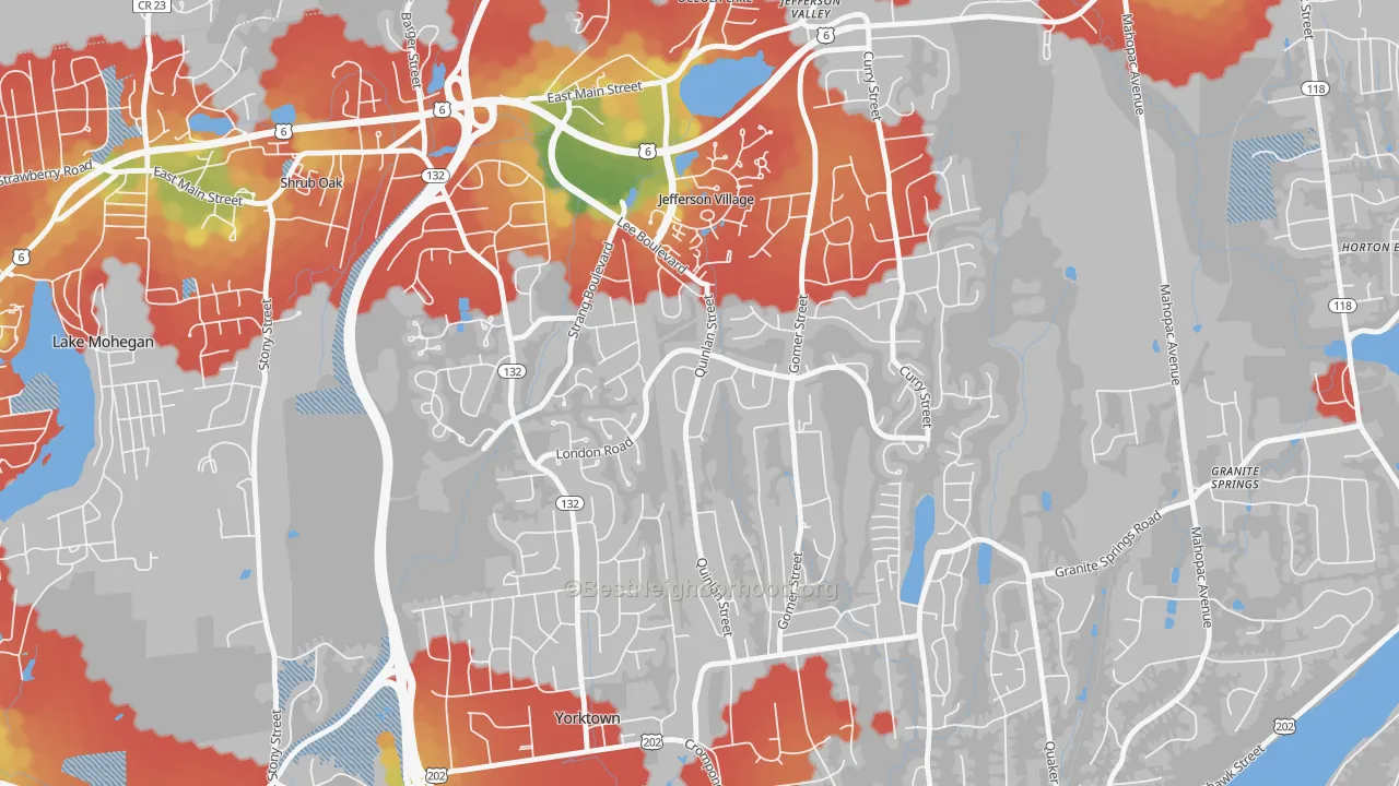 Walk Grade map of Jefferson Valley-Yorktown, NY, walkable areas in green and car-dependent areas in red
