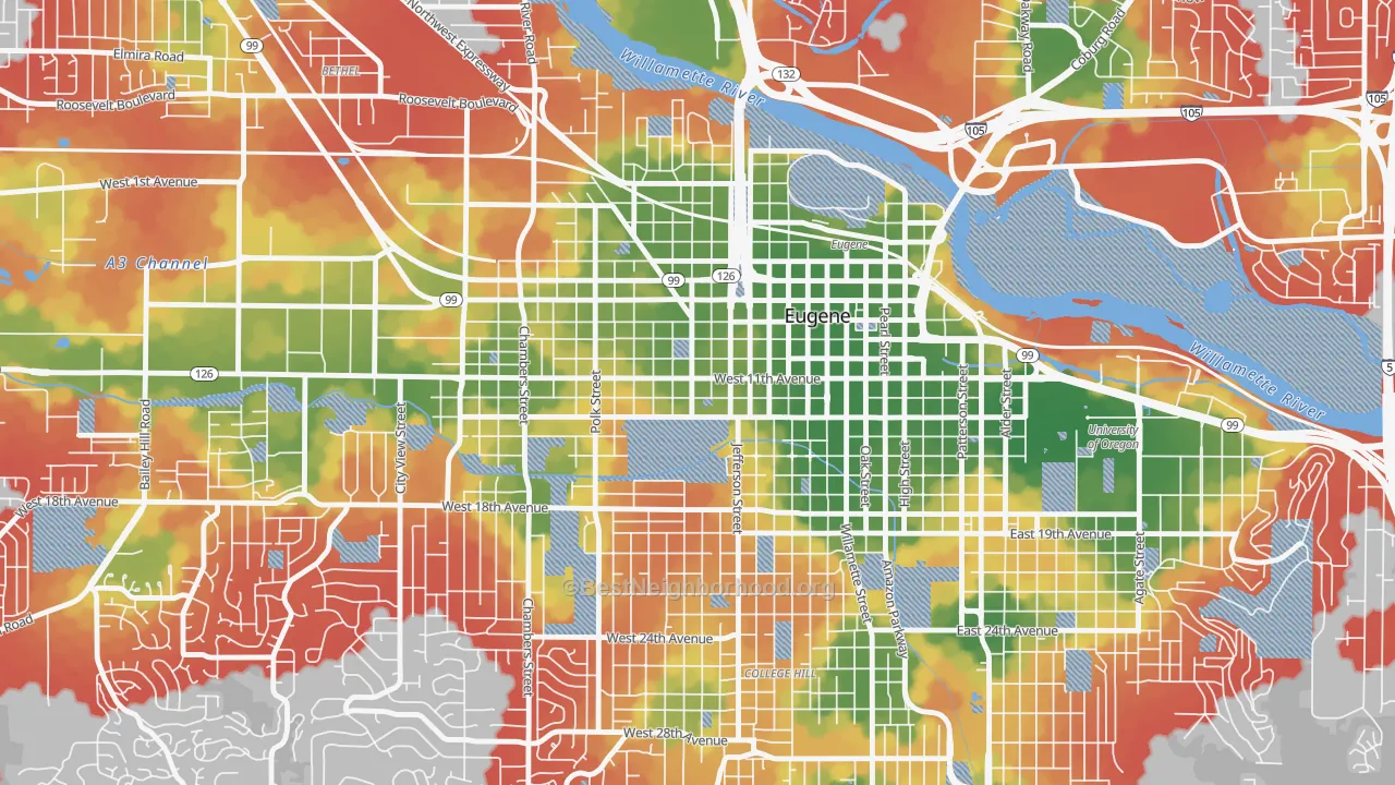 Walk Grade map of Jefferson Westside, Eugene, OR, walkable areas in green and car-dependent areas in red