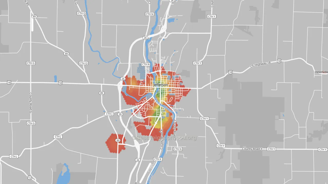 Walk Grade map of Jefferson, WI, walkable areas in green and car-dependent areas in red
