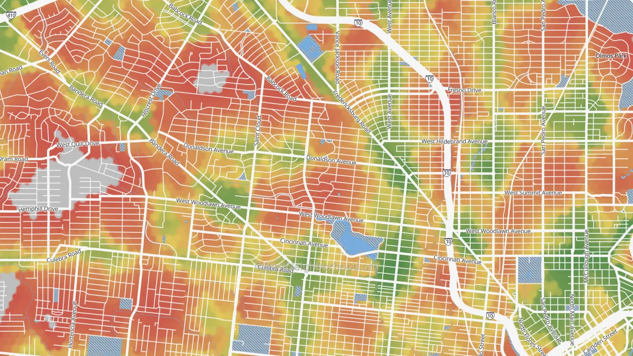 Walk Grade map of Jefferson-Woodlawn Lake, San Antonio, TX, walkable areas in green and car-dependent areas in red