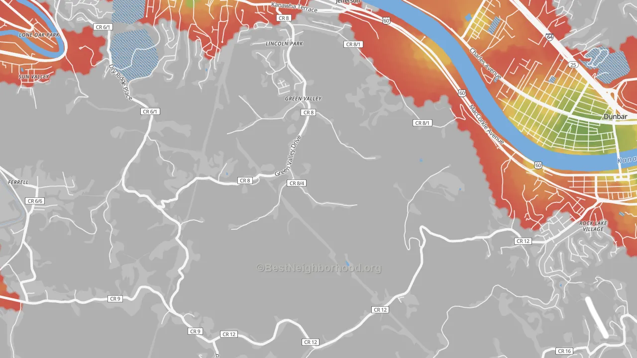 Walk Grade map of Jefferson, WV, walkable areas in green and car-dependent areas in red
