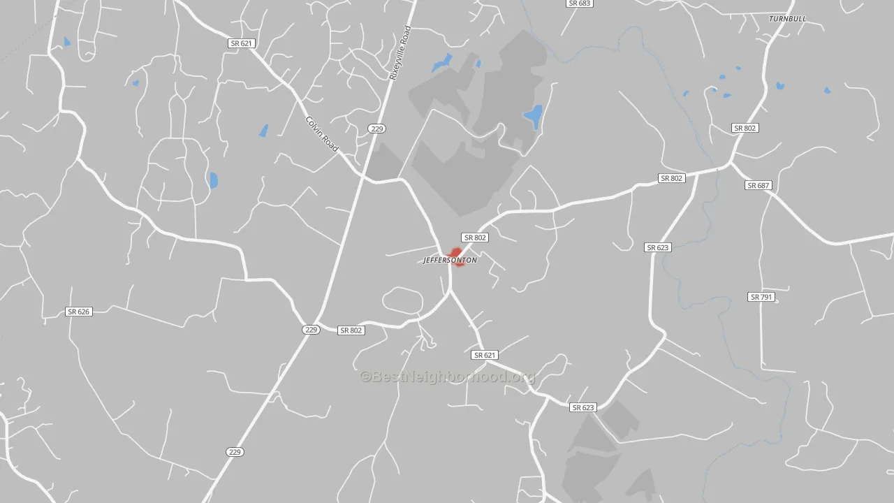 Walk Grade map of Jeffersonton, VA, walkable areas in green and car-dependent areas in red