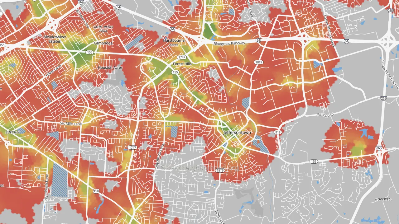 Walk Grade map of Jeffersontown, KY, walkable areas in green and car-dependent areas in red
