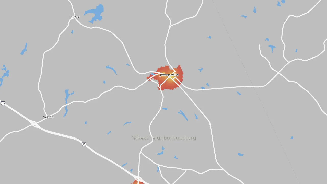 Walk Grade map of Jeffersonville, GA, walkable areas in green and car-dependent areas in red