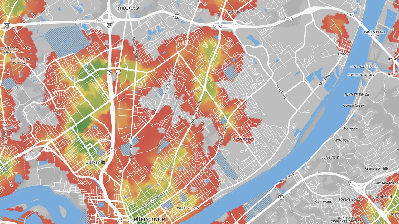 Walk Grade map of Jeffersonville, IN, walkable areas in green and car-dependent areas in red
