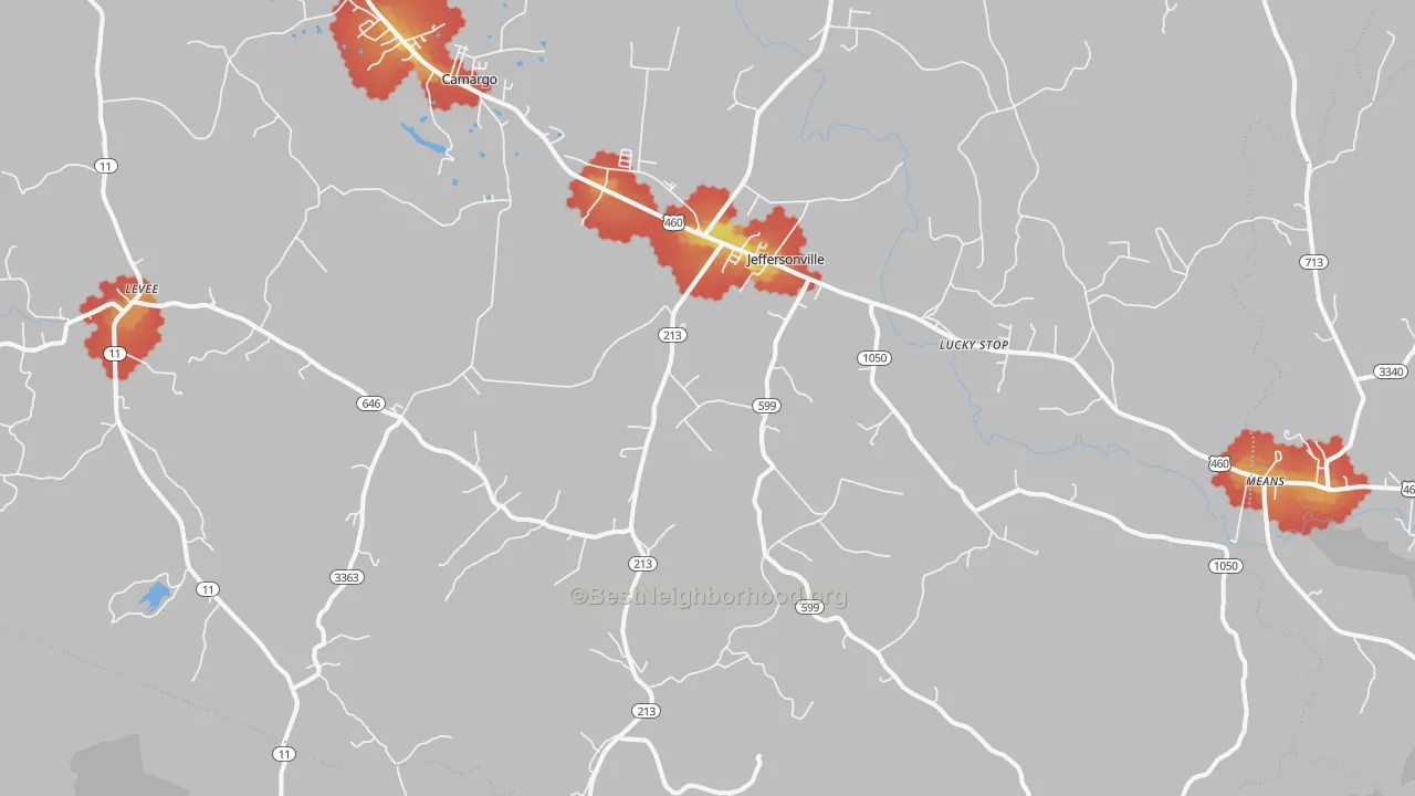 Walk Grade map of Jeffersonville, KY, walkable areas in green and car-dependent areas in red