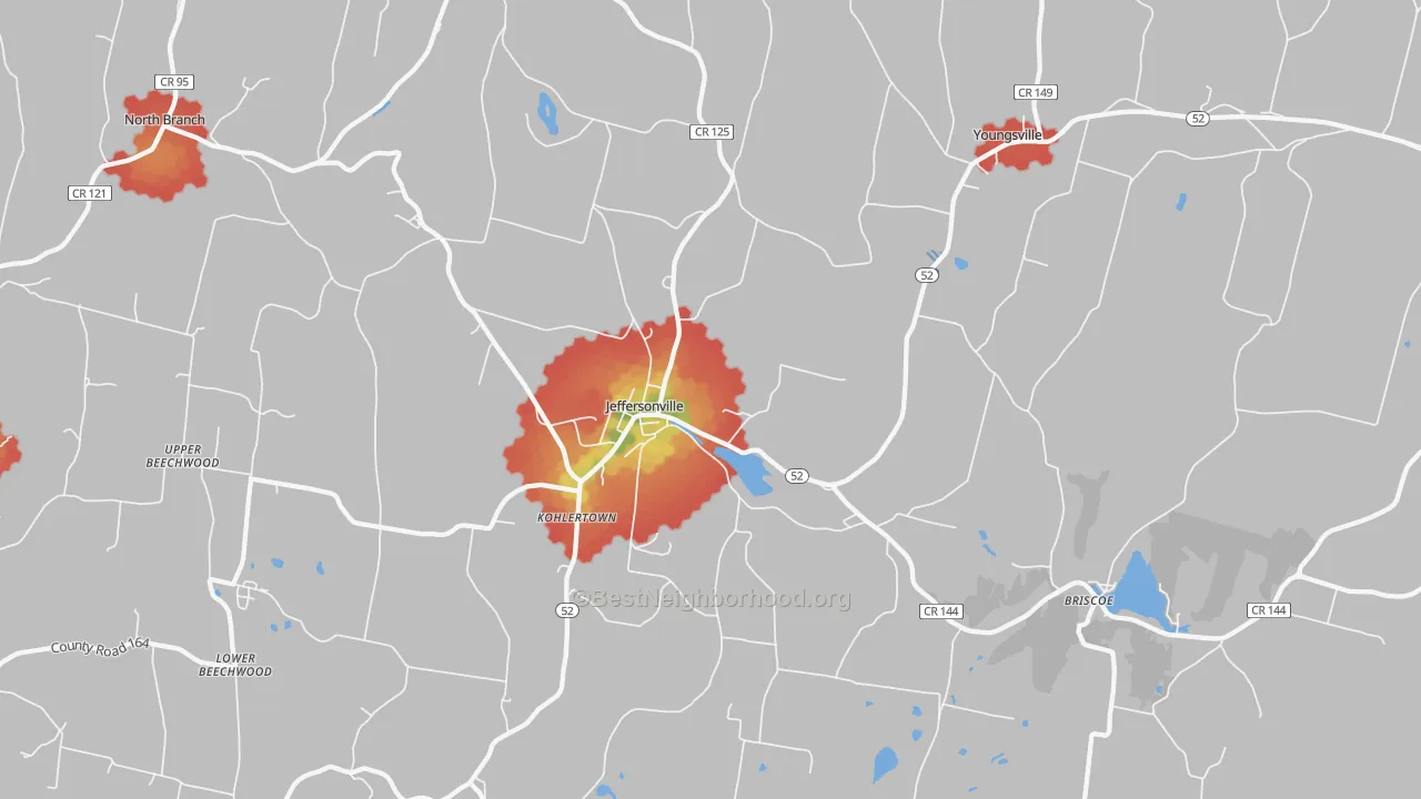 Walk Grade map of Jeffersonville, NY, walkable areas in green and car-dependent areas in red