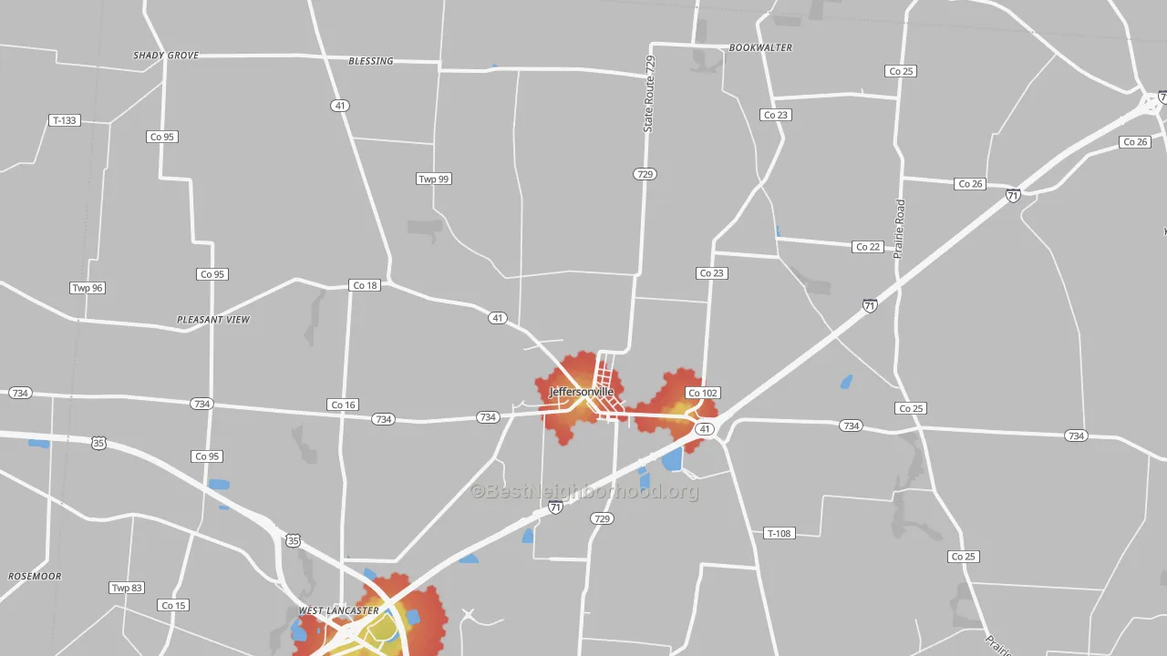 Walk Grade map of Jeffersonville, OH, walkable areas in green and car-dependent areas in red