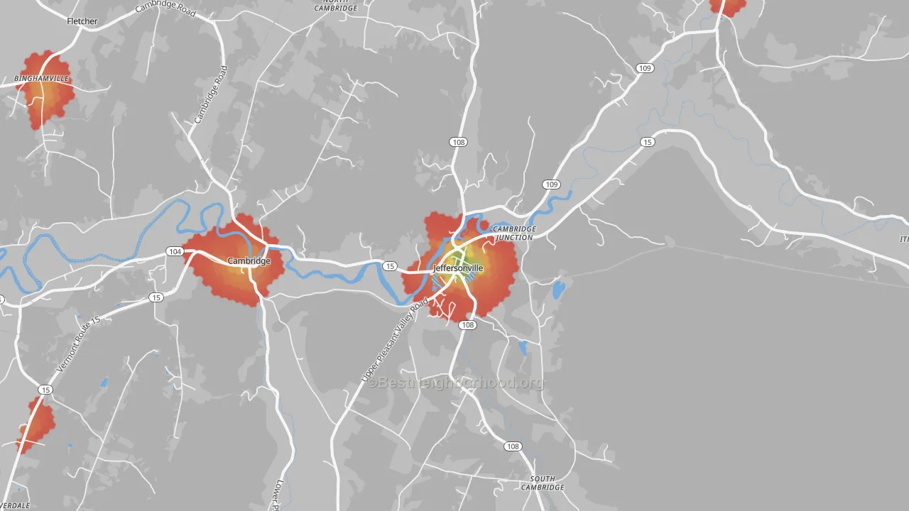 Walk Grade map of Jeffersonville, VT, walkable areas in green and car-dependent areas in red