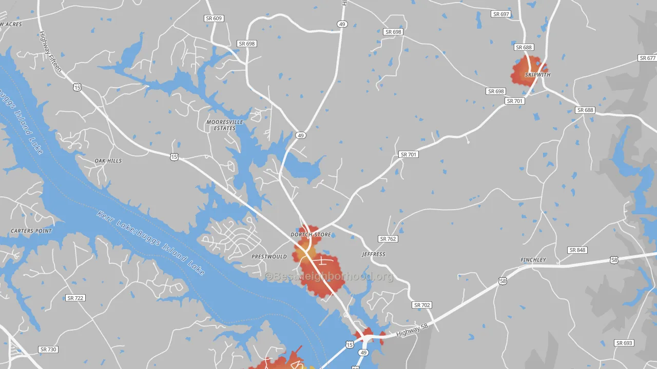 Walk Grade map of Jeffress, VA, walkable areas in green and car-dependent areas in red