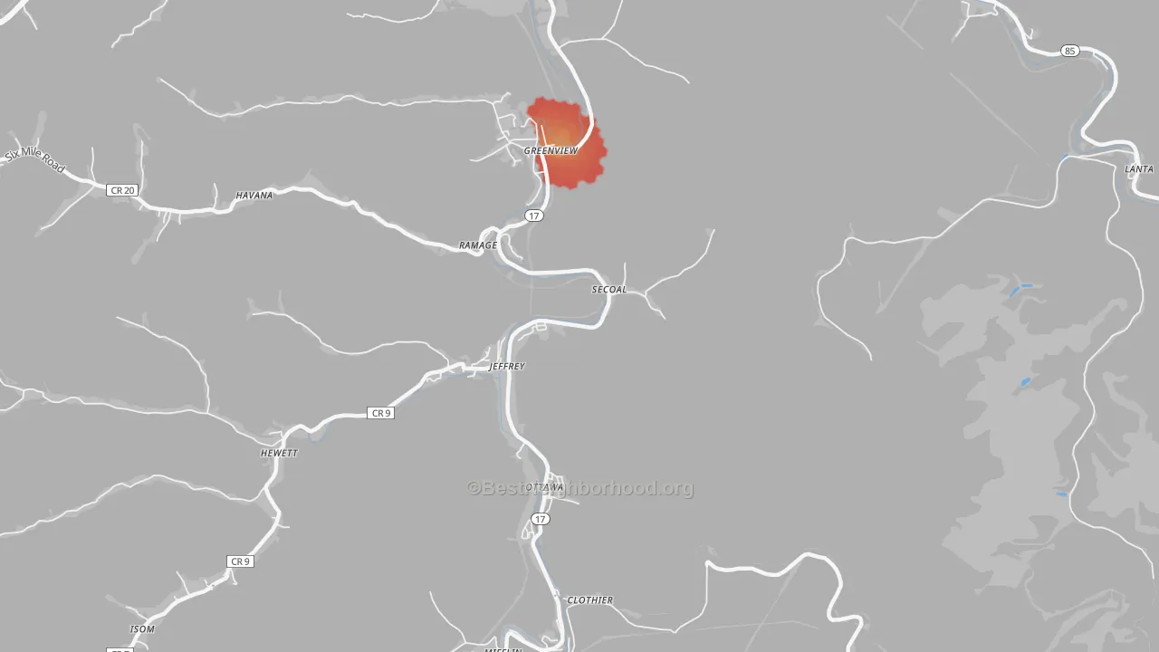 Walk Grade map of Jeffrey, WV, walkable areas in green and car-dependent areas in red