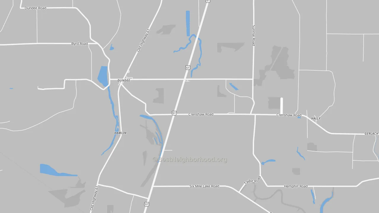 Walk Grade map of Jeffries, MS, walkable areas in green and car-dependent areas in red
