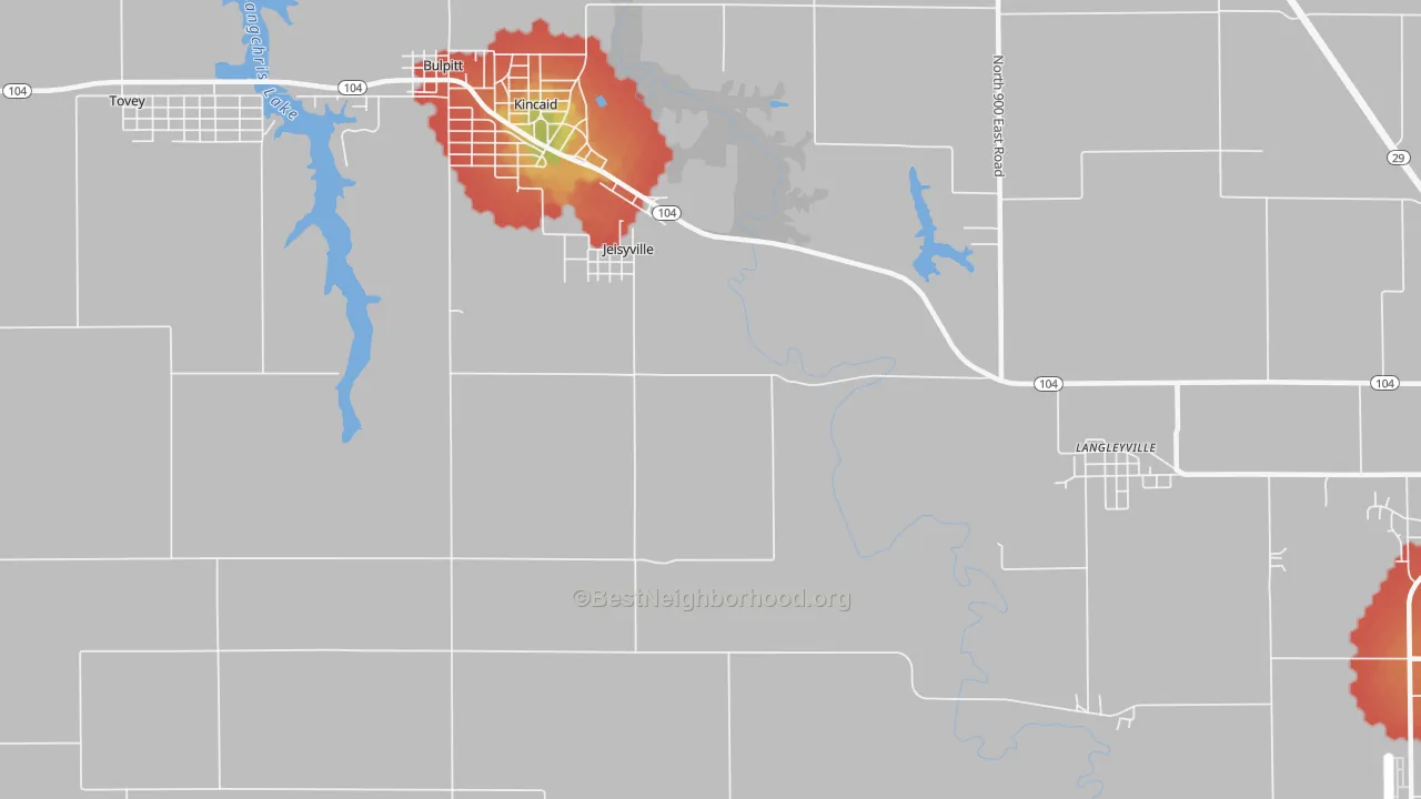 Walk Grade map of Jeiseyville, IL, walkable areas in green and car-dependent areas in red