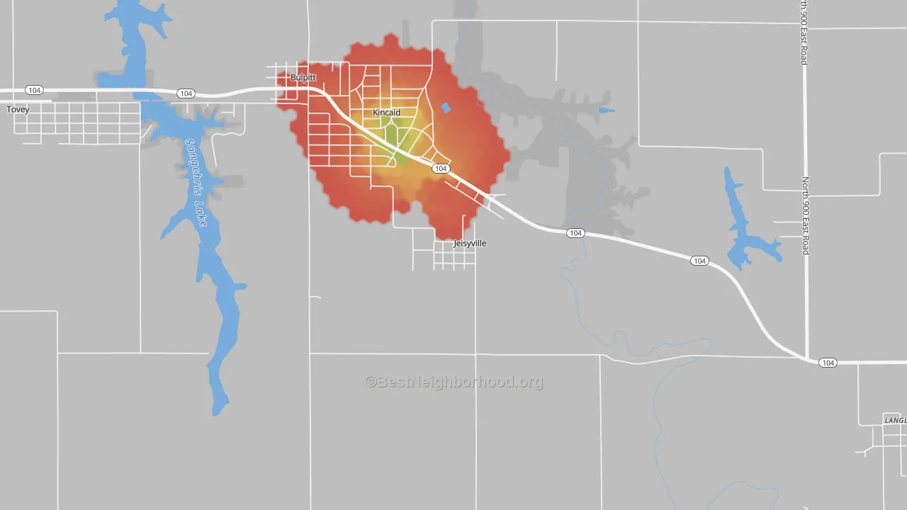 Walk Grade map of Jeisyville, IL, walkable areas in green and car-dependent areas in red