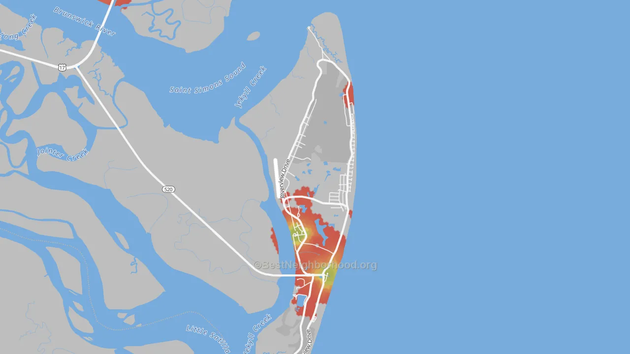 Walk Grade map of Jekyll Island, GA, walkable areas in green and car-dependent areas in red