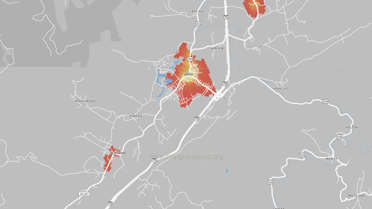 Walk Grade map of Jellico, TN, walkable areas in green and car-dependent areas in red