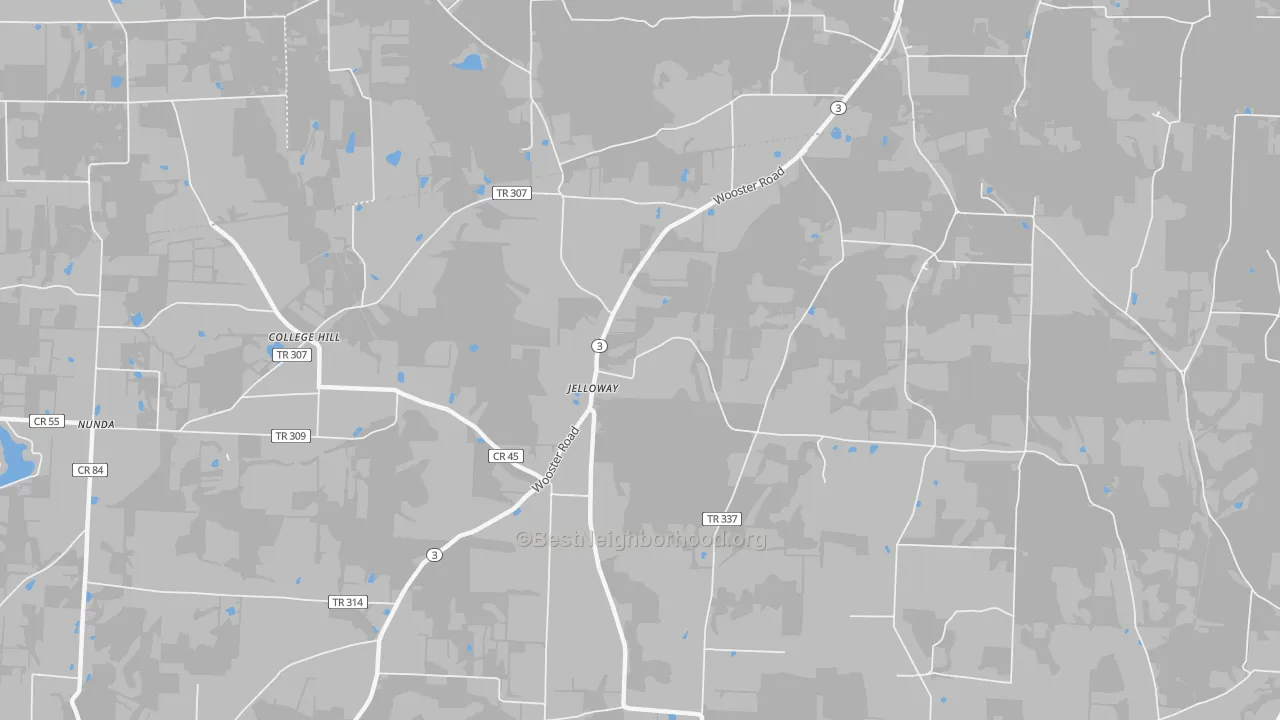 Walk Grade map of Jelloway, OH, walkable areas in green and car-dependent areas in red