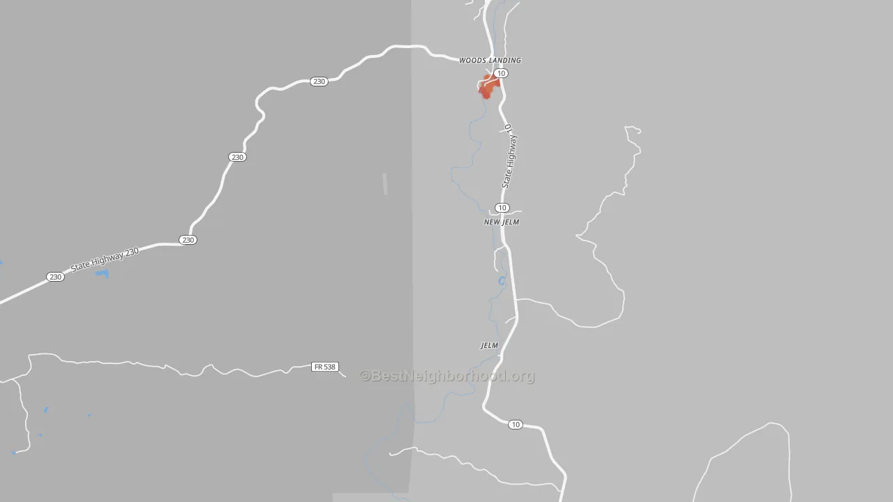 Walk Grade map of Jelm, WY, walkable areas in green and car-dependent areas in red