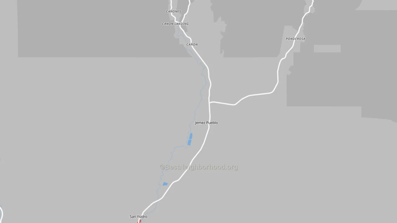 Walk Grade map of Jemez Pueblo, NM, walkable areas in green and car-dependent areas in red