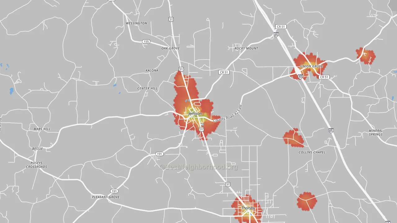 Walk Grade map of Jemison, AL, walkable areas in green and car-dependent areas in red