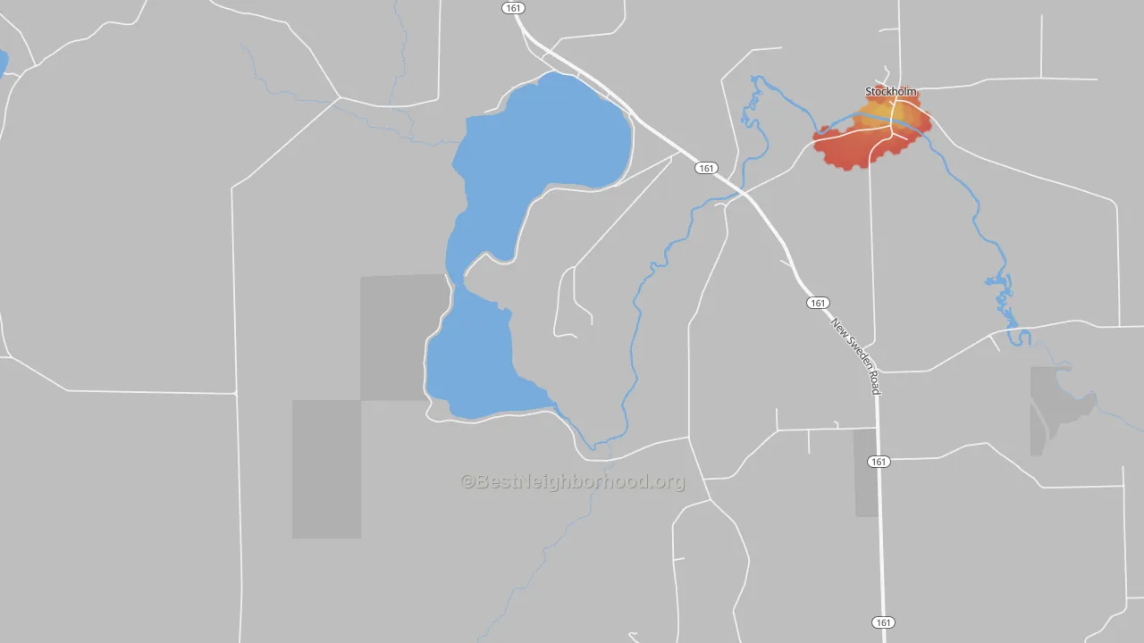 Walk Grade map of Jemtland, ME, walkable areas in green and car-dependent areas in red