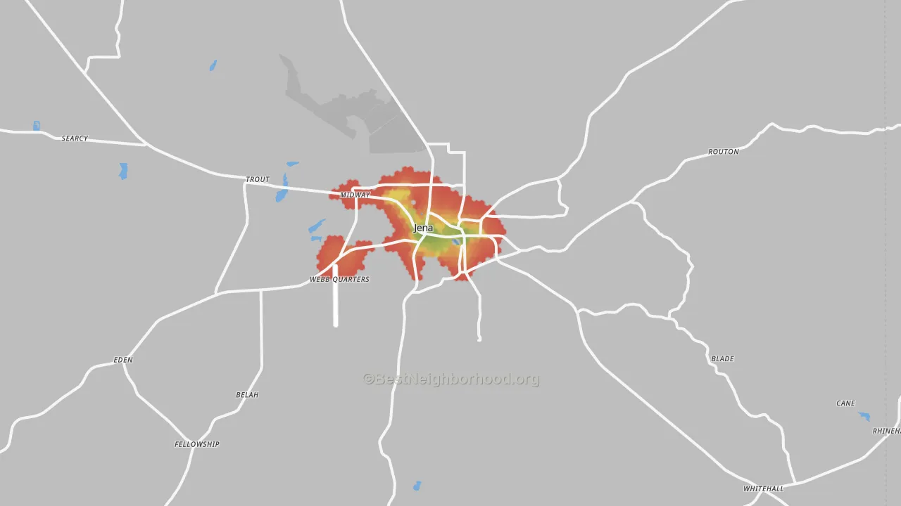 Walk Grade map of Jena, LA, walkable areas in green and car-dependent areas in red